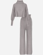  Set Gri Tricotat cu vâscoză Bluză golf cu manșete și Pantaloni Largi Noridra