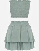  Set Mentă din Bumbac Top scurt fără bretele și Pantaloni scurți cu elastic în talie și volan Tesmara