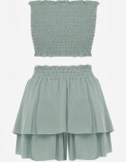  Set Mentă din Bumbac Top scurt fără bretele și Pantaloni scurți cu elastic în talie și volan Tesmara