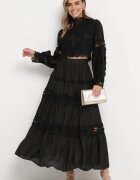  Set Negru De dantelă din viscoză Fustă și Bluză cu inserții ajurate Mintta