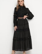  Set Negru De dantelă din viscoză Fustă și Bluză cu inserții ajurate Mintta