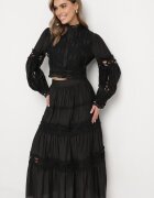  Set Negru De dantelă din viscoză Fustă și Bluză cu inserții ajurate Mintta