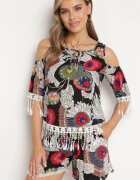  Set Negru Decorat cu franjuri cu model abstract Bluză cu decupaje la umeri și Pantaloni scurți Setella