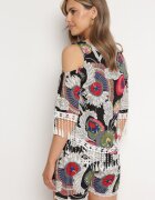  Set Negru Decorat cu franjuri cu model abstract Bluză cu decupaje la umeri și Pantaloni scurți Setella