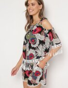  Set Negru Decorat cu franjuri cu model abstract Bluză cu decupaje la umeri și Pantaloni scurți Setella