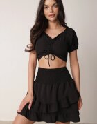  Set Negru din Bumbac Bluză tip Carmen cu Mâneci Bufante Fustă cu Elastic în Talie Testarae