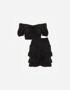  Set Negru din Bumbac Bluză tip Carmen cu Mâneci Bufante Fustă cu Elastic în Talie Testarae