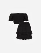  Set Negru din Bumbac Bluză tip Carmen cu Mâneci Bufante Fustă cu Elastic în Talie Testarae