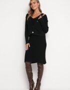  Set Negru din Tricot Reiat cu Cardigan și Rochie Elarisa