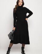  Set Negru din Tricot Texturat Pulover cu Guler Semi-Înalt și Fustă Evazată Evaleria