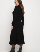  Set Negru din Tricot Texturat Pulover cu Guler Semi-Înalt și Fustă Evazată Evaleria