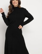  Set Negru din Tricot Texturat Pulover cu Guler Semi-Înalt și Fustă Evazată Evaleria