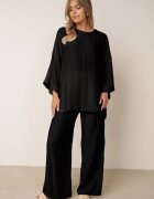  Set Negru din Viscoză Pantaloni Largi cu Elastic în Talie Top cu Croi Liliac Odrina