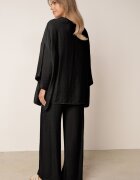  Set Negru din Viscoză Pantaloni Largi cu Elastic în Talie Top cu Croi Liliac Odrina