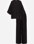  Set Negru din Viscoză Pantaloni Largi cu Elastic în Talie Top cu Croi Liliac Odrina