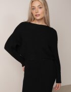  Set Negru Striat cu viscoză Bluză tip liliac Fustă cu elastic în talie Zortia