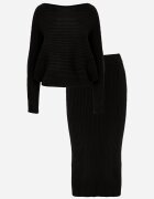  Set Negru Striat cu viscoză Bluză tip liliac Fustă cu elastic în talie Zortia