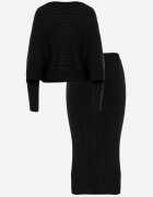  Set Negru Striat cu viscoză Bluză tip liliac Fustă cu elastic în talie Zortia