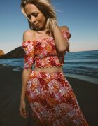  Set Portocaliu cu Top și Fustă Maxi cu Imprimeu Floral Savanasa
