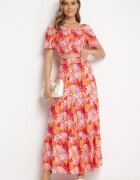  Set Portocaliu cu Top și Fustă Maxi cu Imprimeu Floral Savanasa