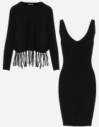  Set Reiat Negru din Viscoză cu Rochie Mulată și Bluză cu Franjuri Vaithara