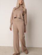 Set Tricotat Bej cu Viscoză Bluză tip golf cu elastic și Pantaloni largi Noridra