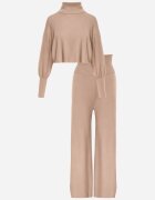  Set Tricotat Bej cu Viscoză Bluză tip golf cu elastic și Pantaloni largi Noridra