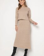  Set Tricotat Bej închis cu Viscoză Fustă cu Elastic în Talie și Crapatură și Bluză Ilika