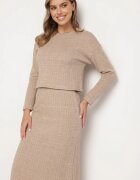  Set Tricotat Bej închis cu Viscoză Fustă cu Elastic în Talie și Crapatură și Bluză Ilika