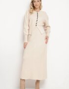  Set tricotat din lână Bej deschis Fustă cu elastic și Cardigan cu nasturi Colzina
