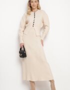  Set tricotat din lână Bej deschis Fustă cu elastic și Cardigan cu nasturi Colzina