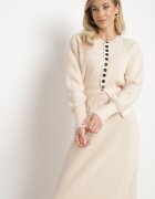  Set tricotat din lână Bej deschis Fustă cu elastic și Cardigan cu nasturi Colzina