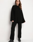  Set Tricotat Negru cu Vâscoză Pulover și Pantaloni cu elastic în talie și Fante Malwiya