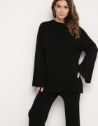  Set Tricotat Negru cu Vâscoză Pulover și Pantaloni cu elastic în talie și Fante Malwiya