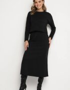  Set Tricotat Negru cu Viscoză Fustă cu Elastic în Talie și Șliț și Bluză Ilika