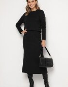  Set Tricotat Negru cu Viscoză Fustă cu Elastic în Talie și Șliț și Bluză Ilika