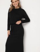  Set Tricotat Negru cu Viscoză Fustă cu Elastic în Talie și Șliț și Bluză Ilika
