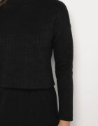  Set Tricotat Negru cu Viscoză Fustă cu Elastic în Talie și Șliț și Bluză Ilika