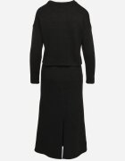  Set Tricotat Negru cu Viscoză Fustă cu Elastic în Talie și Șliț și Bluză Ilika
