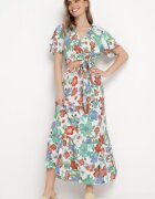  Set Vâscoză Alb-Roșu cu Model Floral Bluză Petrecută și Fustă cu Elastic în Talie Hoffia