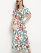  Set Vâscoză Alb-Roșu cu Model Floral Bluză Petrecută și Fustă cu Elastic în Talie Hoffia