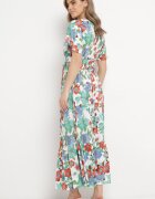  Set Vâscoză Alb-Roșu cu Model Floral Bluză Petrecută și Fustă cu Elastic în Talie Hoffia