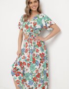  Set Vâscoză Alb-Roșu cu Model Floral Bluză Petrecută și Fustă cu Elastic în Talie Hoffia