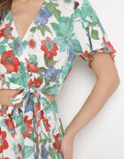  Set Vâscoză Alb-Roșu cu Model Floral Bluză Petrecută și Fustă cu Elastic în Talie Hoffia