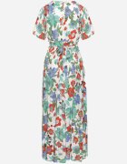  Set Vâscoză Alb-Roșu cu Model Floral Bluză Petrecută și Fustă cu Elastic în Talie Hoffia