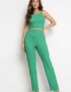  Set Verde Închis din Material Reiat Cămașă Top și Pantaloni Largi Ratels