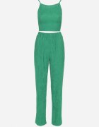 Set Verde Închis din Material Reiat Cămașă Top și Pantaloni Largi Ratels
