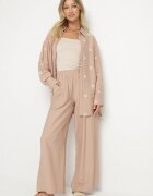 Set viscoză bej închis cu cămașă cu broderie și pantaloni largi Thannora