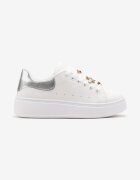  Sneakers Alb-Argintii cu Talpă Groasă și Inserție Metalică Staneva