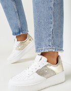  Sneakers alb-aurii cu șireturi cu talpă plată și inserții cu sclipici Dezia
